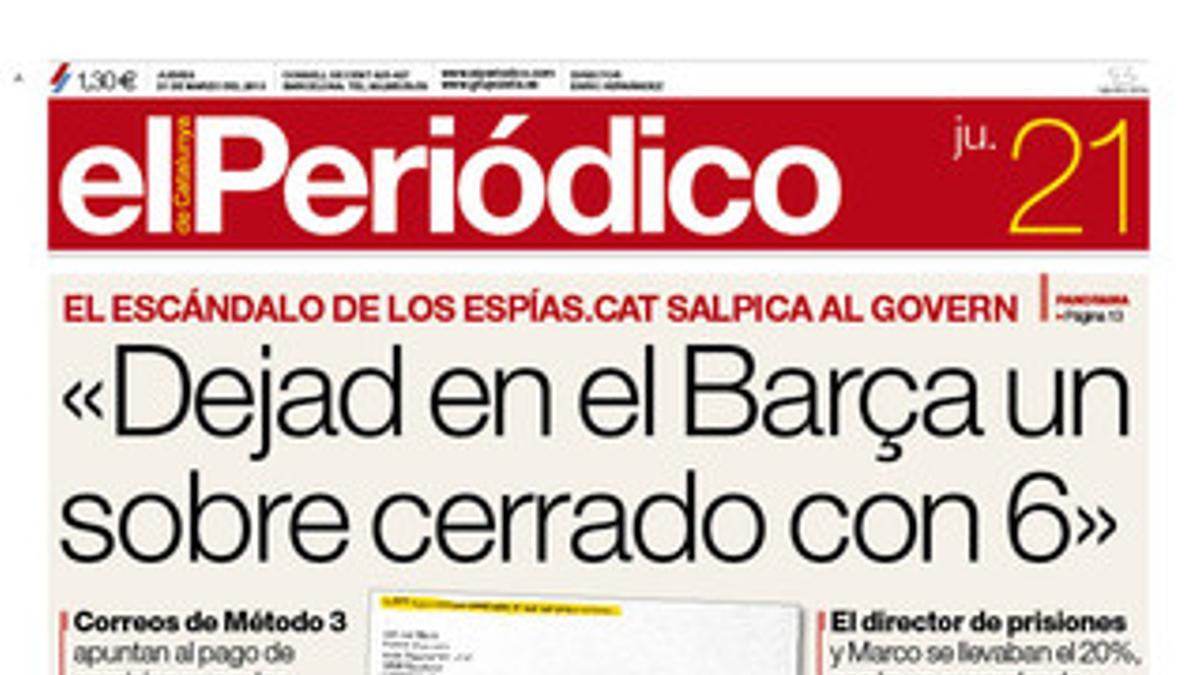 Portada de EL PERIÓDICO del jueves 21 de marzo de 2013.