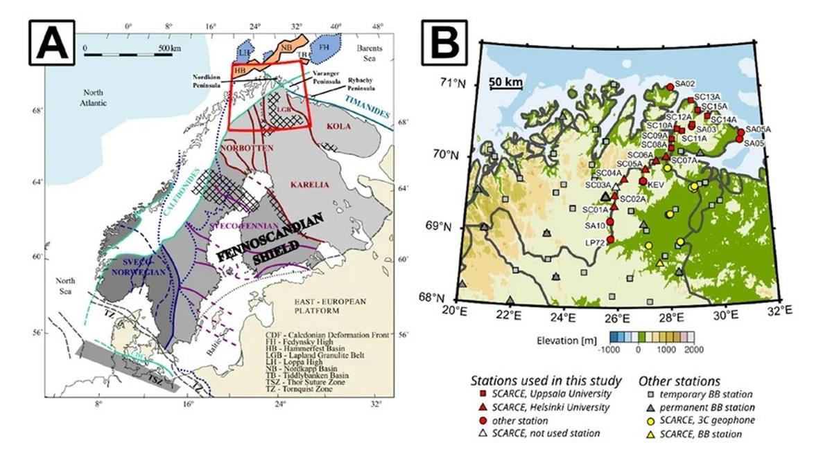 Ubicación de la península de Varanger en el noreste de Noruega (A) y posición de las estaciones de medición sismológica (B).