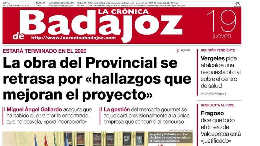 Esta es la portada de LA CRÓNICA DE BADAJOZ correspondiente al día 19 de septiembre del 2019