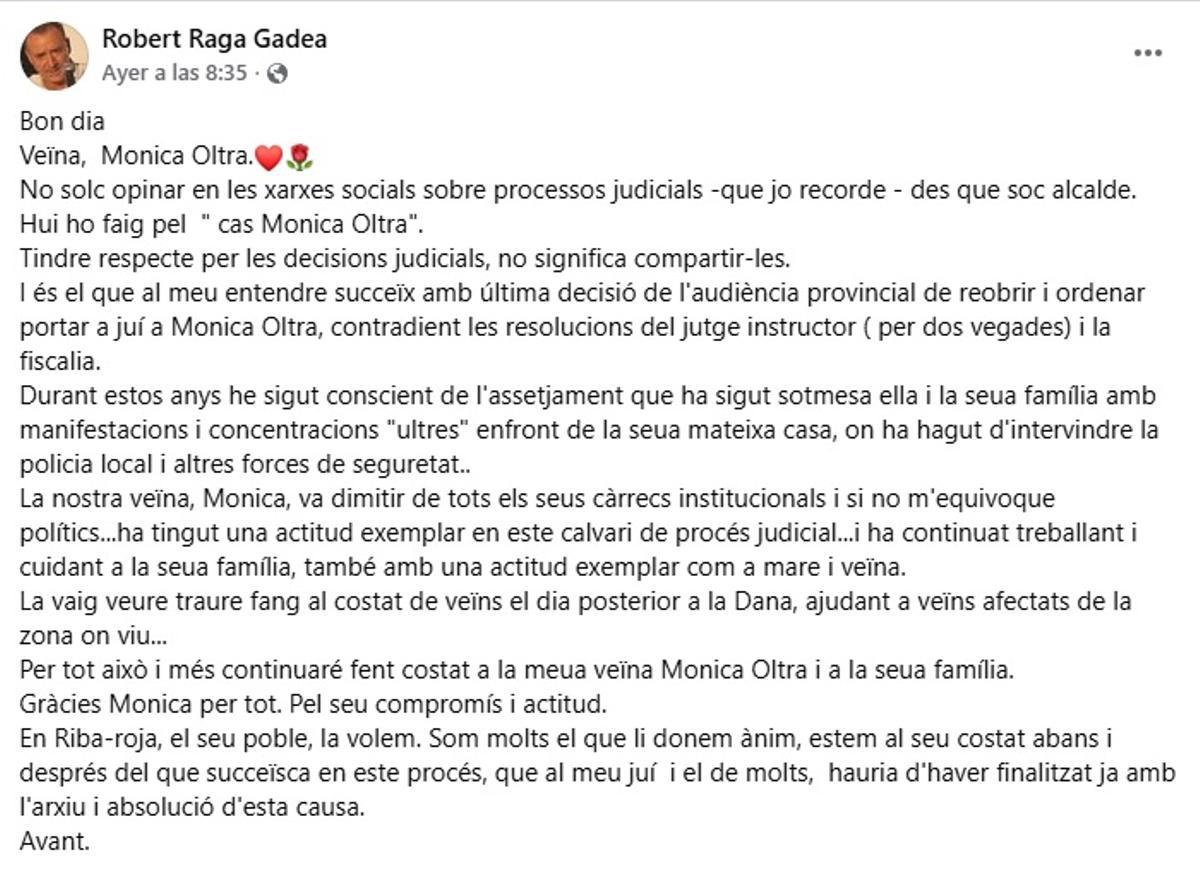 Mensaje de Facebook escrito por Rober Raga a la "vecina Oltra".