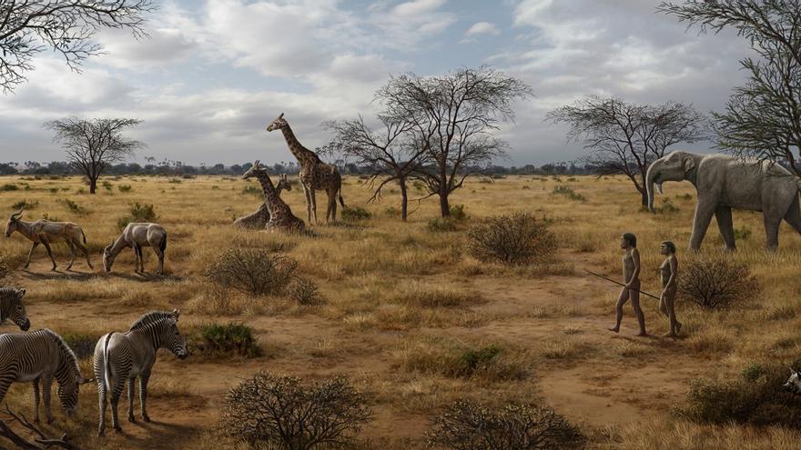 Homo erectus en África Oriental rodeado de fauna contemporánea.