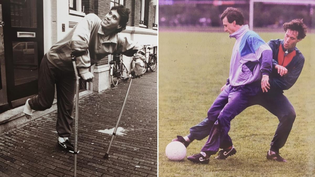 A la izquierda, Van Basten después de su primera operación en 1987; a la derecha, junto a Johan Cruyff durante su rehabilitación en febrero de 1988.