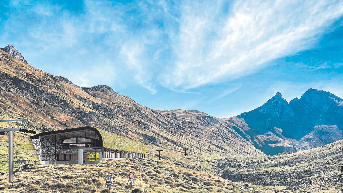 Recreación de la instalación de la estación intermedia, en Canal Roya, en época estival, con parte de las 37 pilonas que prevé el proyecto de conexión de Astún y Formigal.