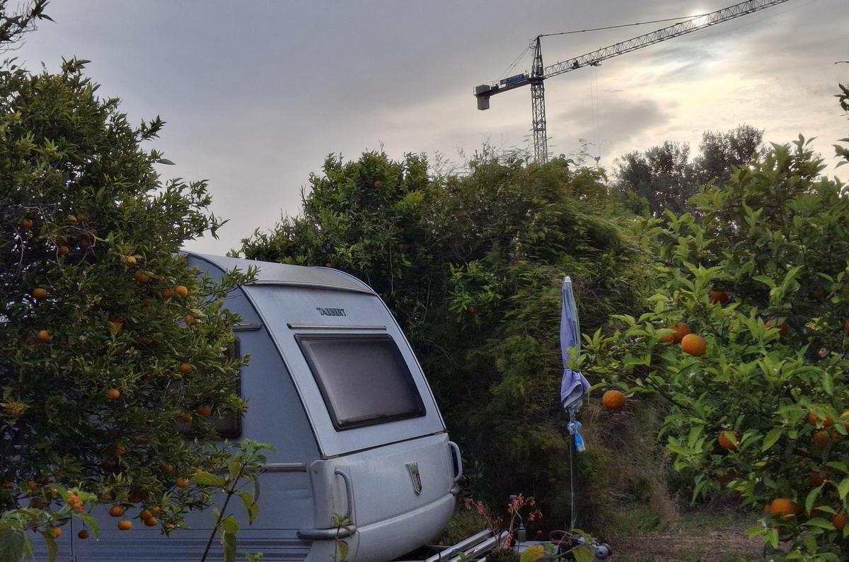 Una de las caravanas que está metida entre los naranjos