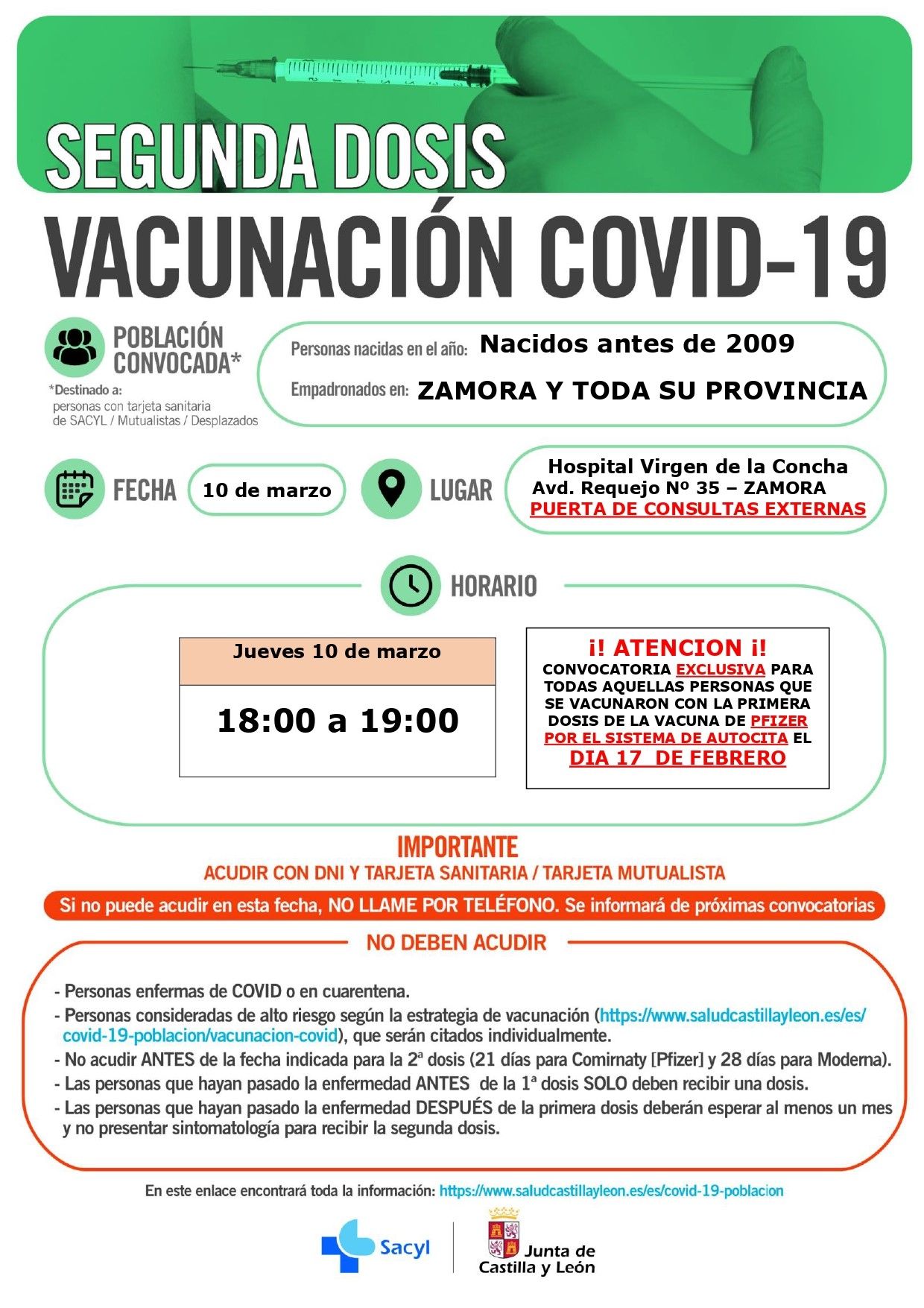 Vacunación Covid en Zamora. Llamamiento para el 10 de marzo