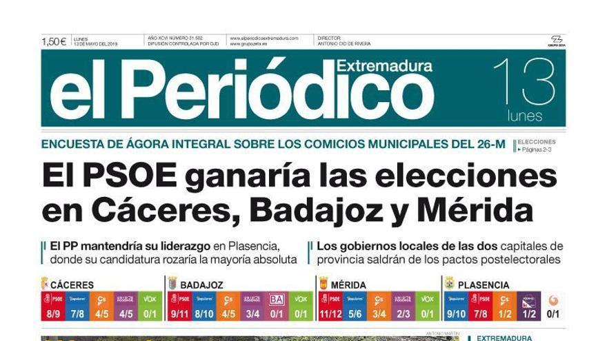 Esta es la portada de EL PERIÓDICO EXTREMADURA correspondiente al día 13 de mayo del 2019