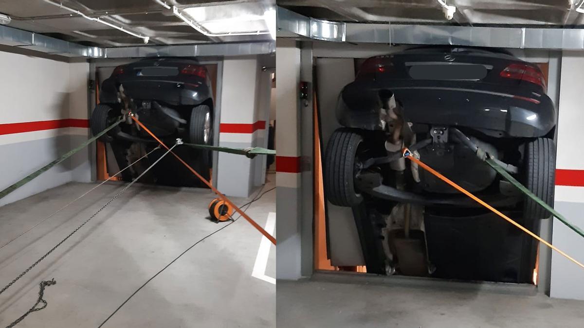 El turismo encajado en el ascensor de vehículos de Historiador Vedía.