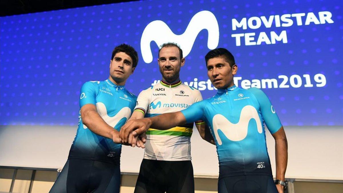 Valverde y Landa junto a Nairo Quintana en la presentación de Movistar