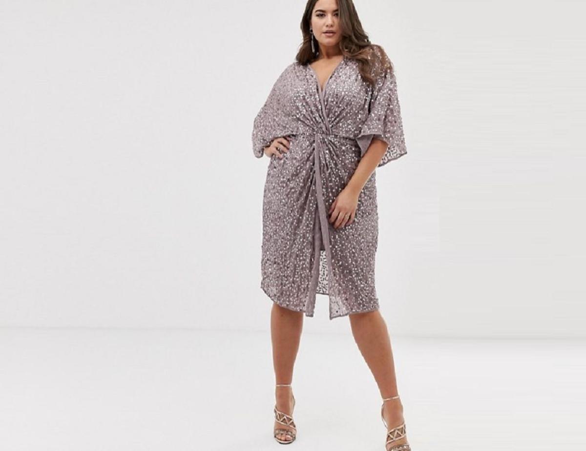 El vestido midi estilo kimono con nudo en la parte delantera y lentejuelas, de ASOS DESIGN Curve