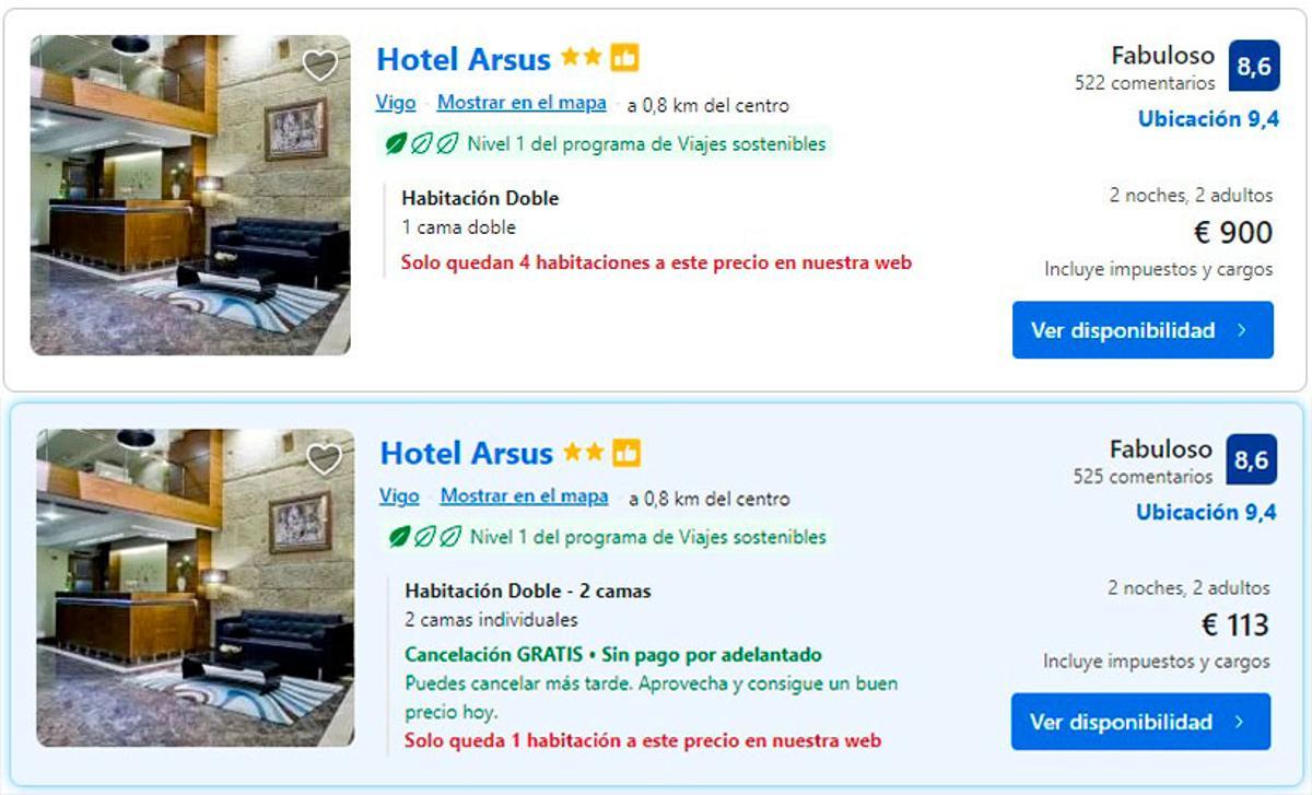 Comparativa de precios del hotel Asus de dos estrellas: arriba en las fechas de Conxemar, abajo el fin de semana próximo semana