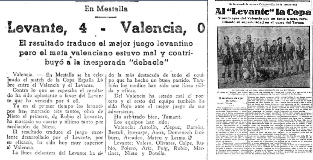Las hojas de un periódico que confirman la victoria por 0-4 del Levante FC ante el Valencia FC, en Mestalla; y la proclamación del equipo de los Poblados Marítimos como campeón de la Copa de la España Libre de 1937