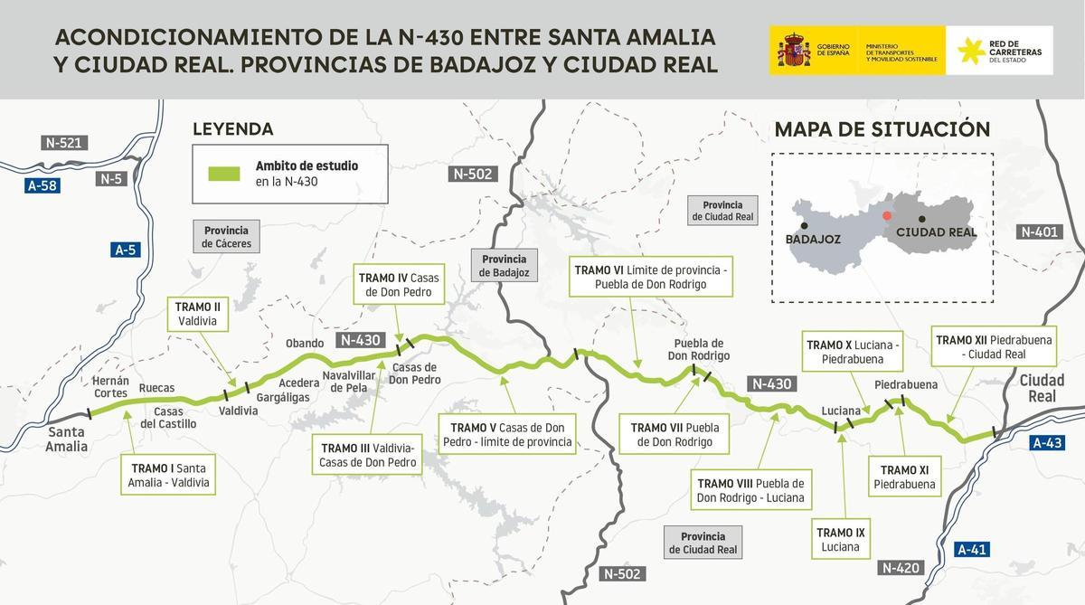 Tramo de la N-430 entre Santa Amalia y Ciudad Real.