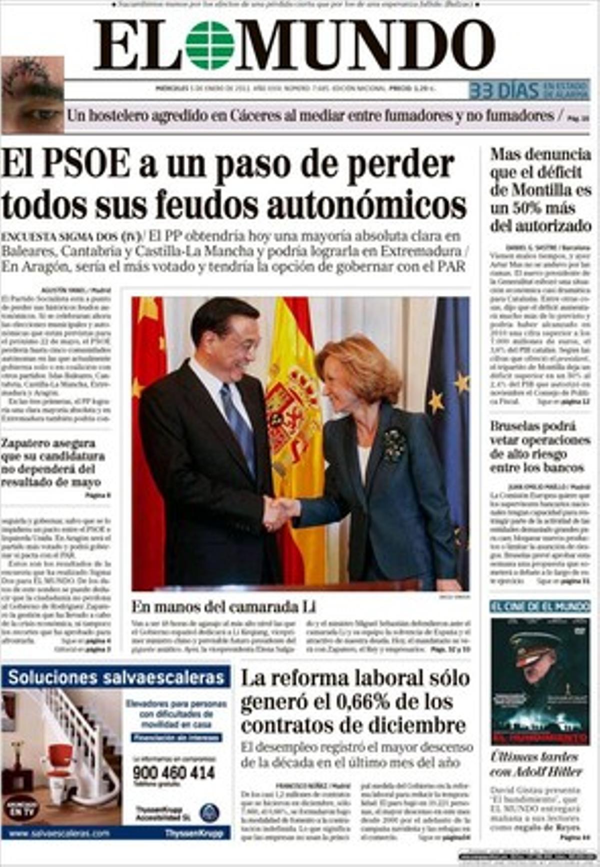’El Mundo’ explica a més que Cascos ofereix als càrrecs populars que tempteja temps per deixar el PP, que Batasuna aspira a celebrar aquest dissabte la manifestació més potent convocada a Euskadi per pressionar el Govern i demostrar a ETA que pot satisfer les seves expectatives; que el preu dels cereals enfonsa la ramaderia catalana, i la competència deslleial de les marques blanques, el sector lleter; i que diversos musulmans de Lleida han denunciat un imam per tenir una brigada de la moral.