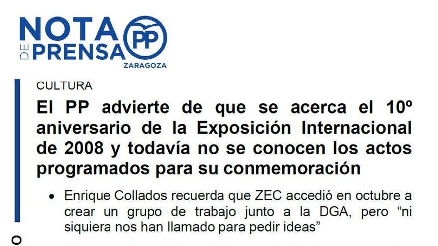 El PP critica la falta de noticias sobre los actos del 10 aniversario de la Expo