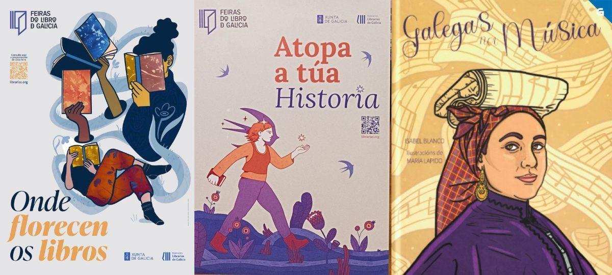 Cartel de María Lapido para este 2025, al lado el de Joana Almal (2024) y además, portada de 'Galegas na música', libro de Lapido e Isabel Blanco.