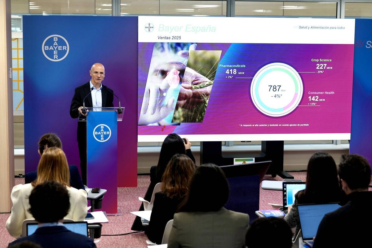 Jordi Sánchez, consejero delegado de Bayer Iberia y director de Farmacia, en la presentación de resultados de Bayer España