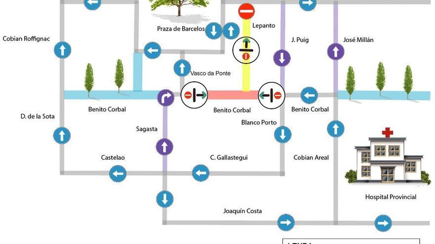 Sentido de la circulación que se aplicará en los alrededores de Benito Corbal desde el lunes. // Faro