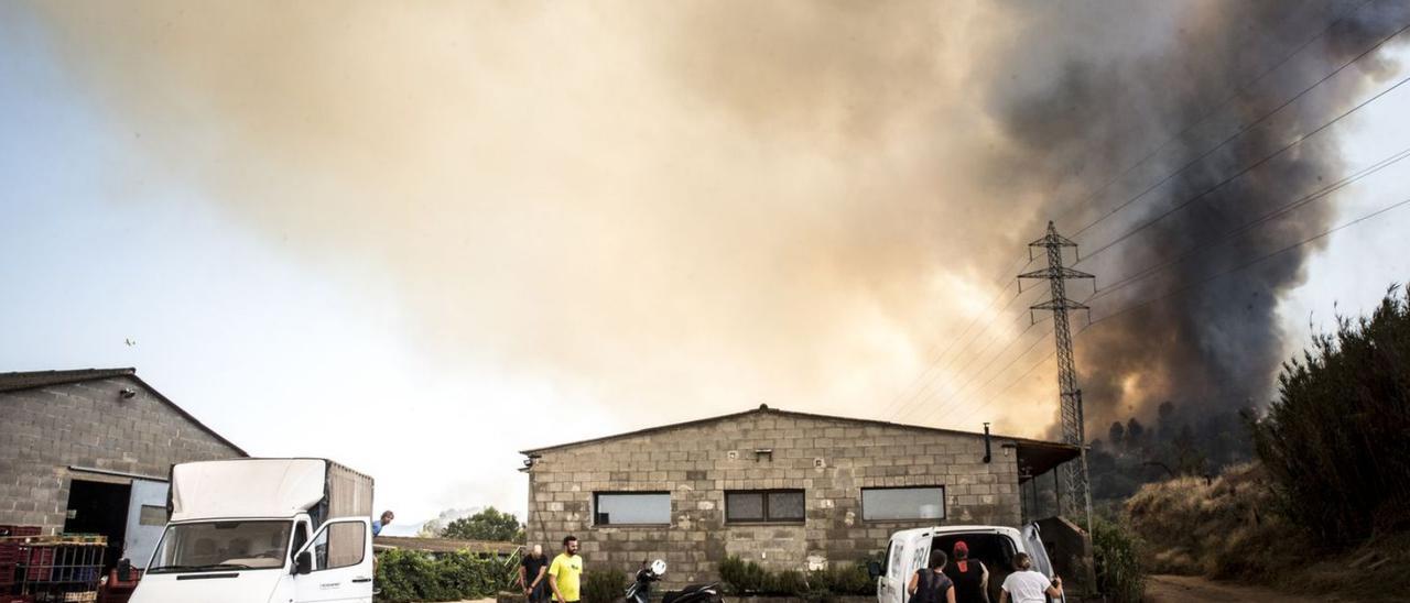 Evacuació en una explotació ahir a Les Arnaules davant l’arribada del foc. | OSCAR BAYONA