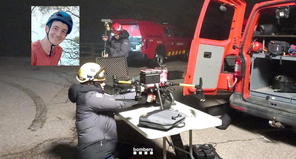 Un efectiu del desplegament de recerca de l'excursionista mort al Pedraforca prepara un dron. En petit, la imatge del jove