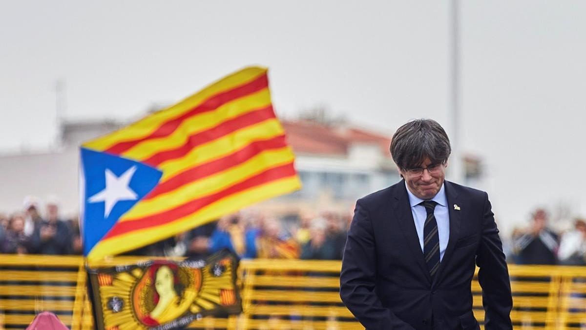 El 'expresident' Carles Puigdemont, en un acto político en Perpinyà.