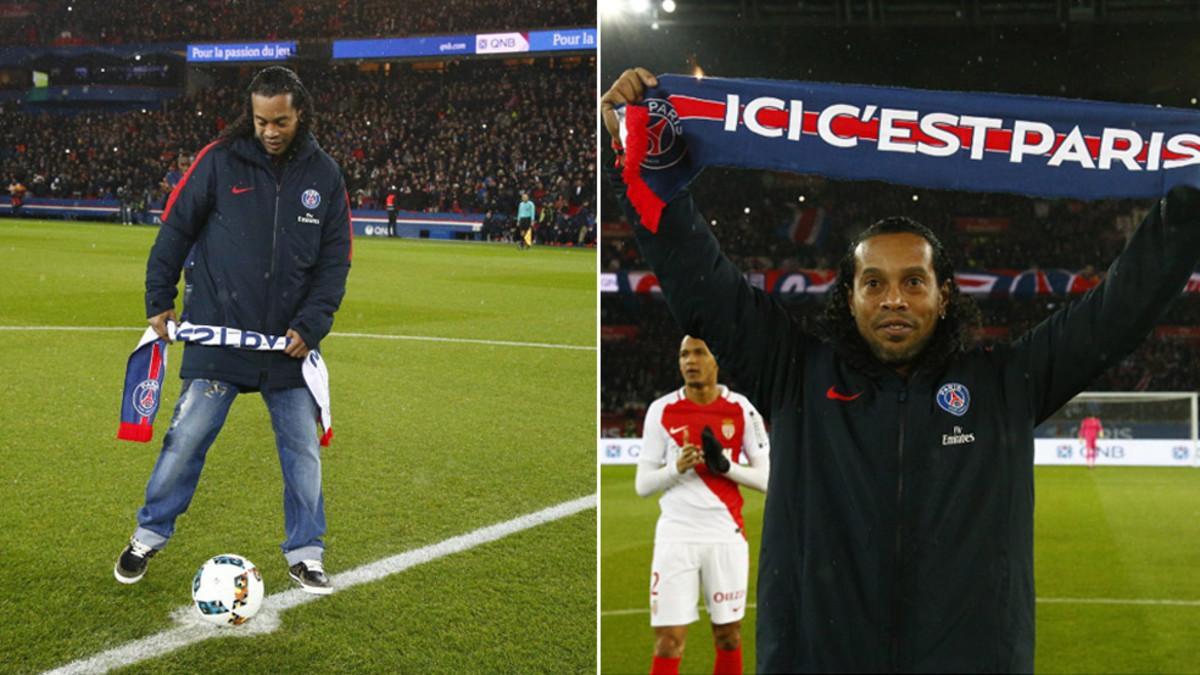 Ronaldinho realizó el saque de honor y fue aclamado por la afición del PSG