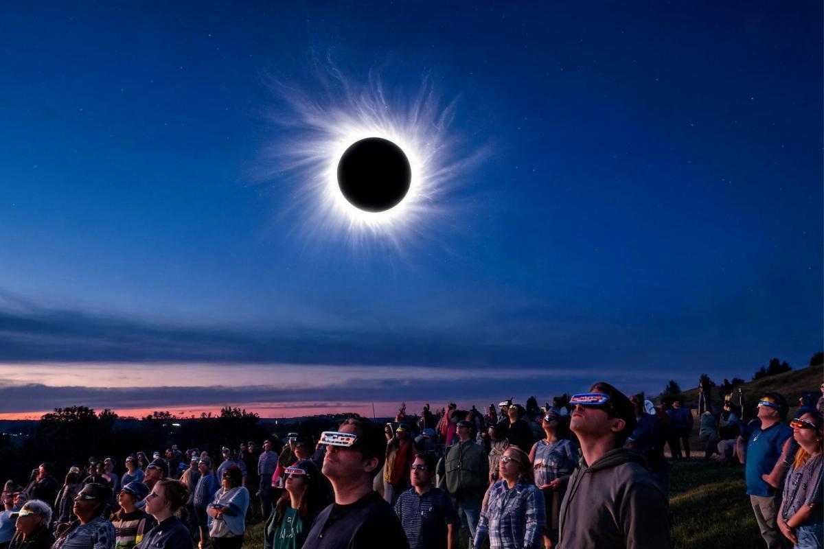Decenas de personas presencian un eclipse, en una imagen generada por IA.