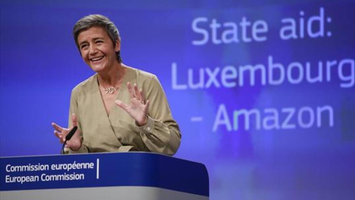 La comisaria europea de Competencia, Margrethe Vestager, ayer, en una rueda de prensa en Bruselas.