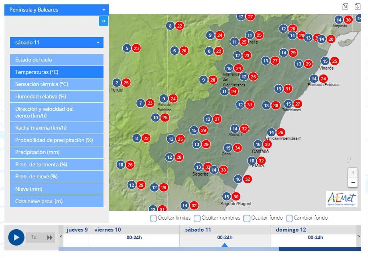 Temperaturas previstas para el sábado 11 en Castellón.