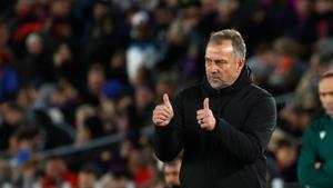 Barcelonas head coach Hansi Flick reacts during the Champions League opening phase soccer match between Barcelona and Copenhagen in Barcelona, Spain, on Wednesday, Jan. 28, 2026. (AP Photo/Joan Monfort). EDITORIAL USE ONLY/ONLY ITALY AND SPAIN