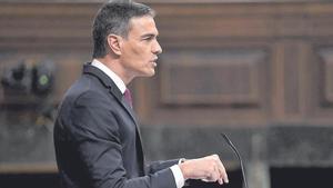 El presidente del Gobierno, Pedro Sánchez, interviene en el Congreso durante un pleno el pasado mes de abril.