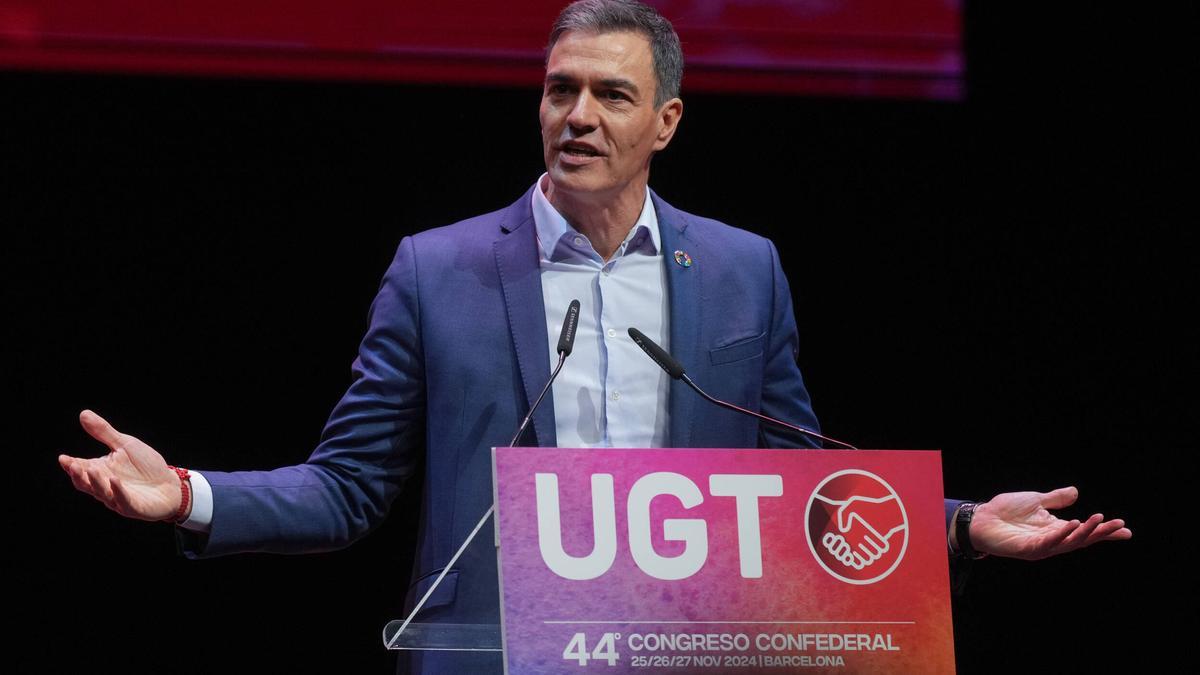 El presidente del Gobierno, Pedro Sánchez, durante su intervención este martes en el congreso de UGT.