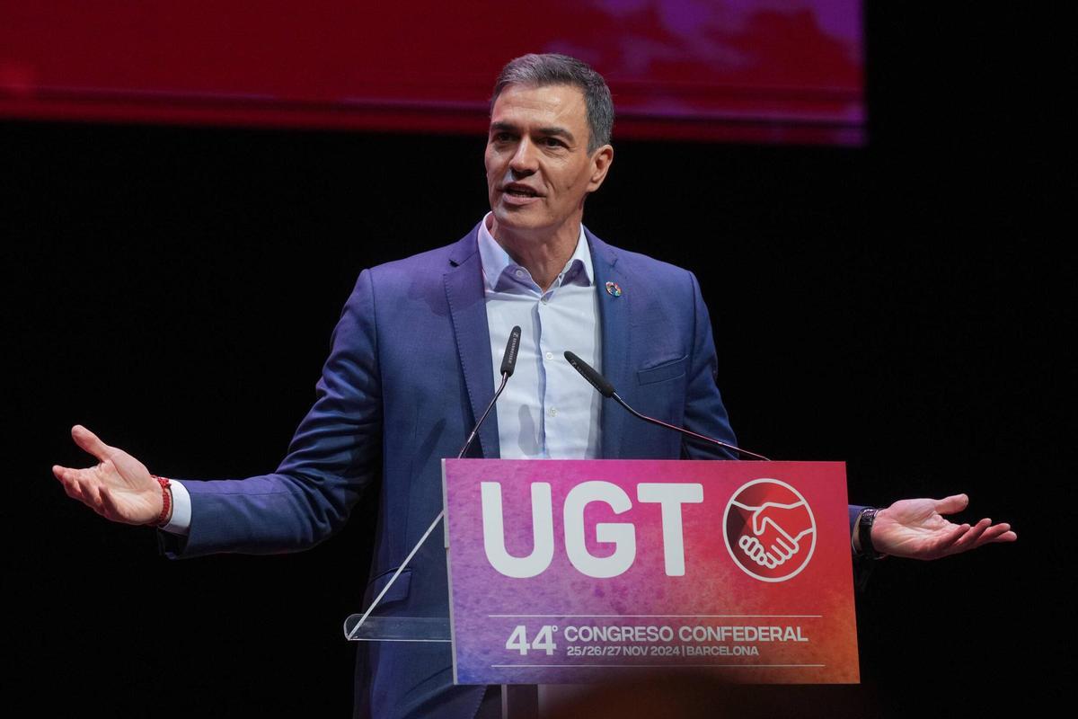 El presidente del Gobierno, Pedro Sánchez, durante su intervención este martes en el congreso de UGT.