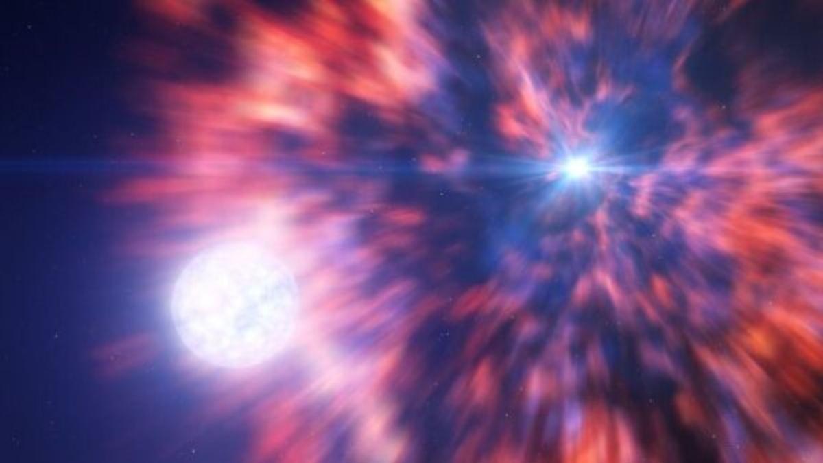 Impresión artística de una estrella de un sistema binario que sobrevive a la supernova de su compañera.
