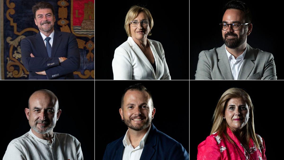 De izquierda a derecha y de arriba a abajo: Luis Barcala (PP), Ana Barceló (PSOE-PSPV), Adrián Santos Pérez (Cs), Manolo Copé (Unidas por Alicante), Rafa Mas (Compromís) y Carmen Robledillo (Vox)