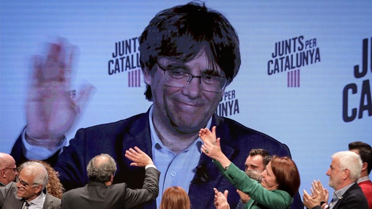 Carles Puigdemont, por videoconferencia, en un acto de campaña el pasado 21 de mayo.