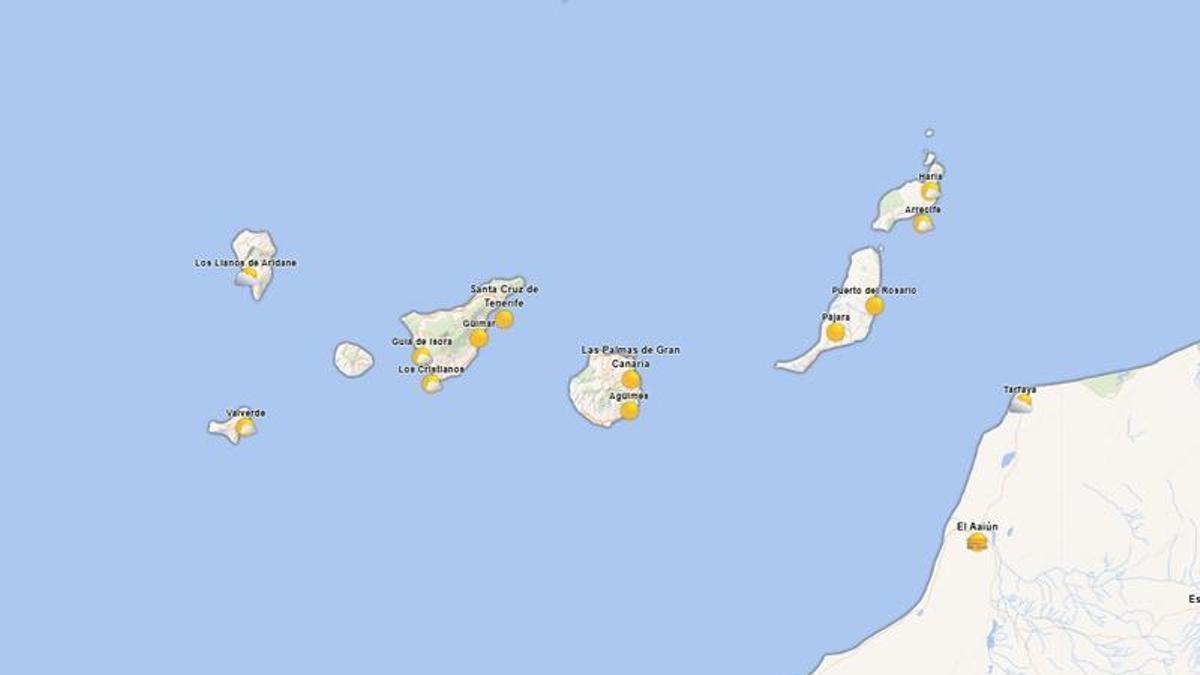 Mapa de símbolos de temperatura de Canarias