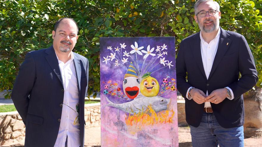El alcalde de Santomera, Víctor Martínez, acompañado del pintor José Miguel Muñoz, ha presentado este miércoles el cartel anunciador de Santomera como Municipio de Llegada del Entierro de la Sardina