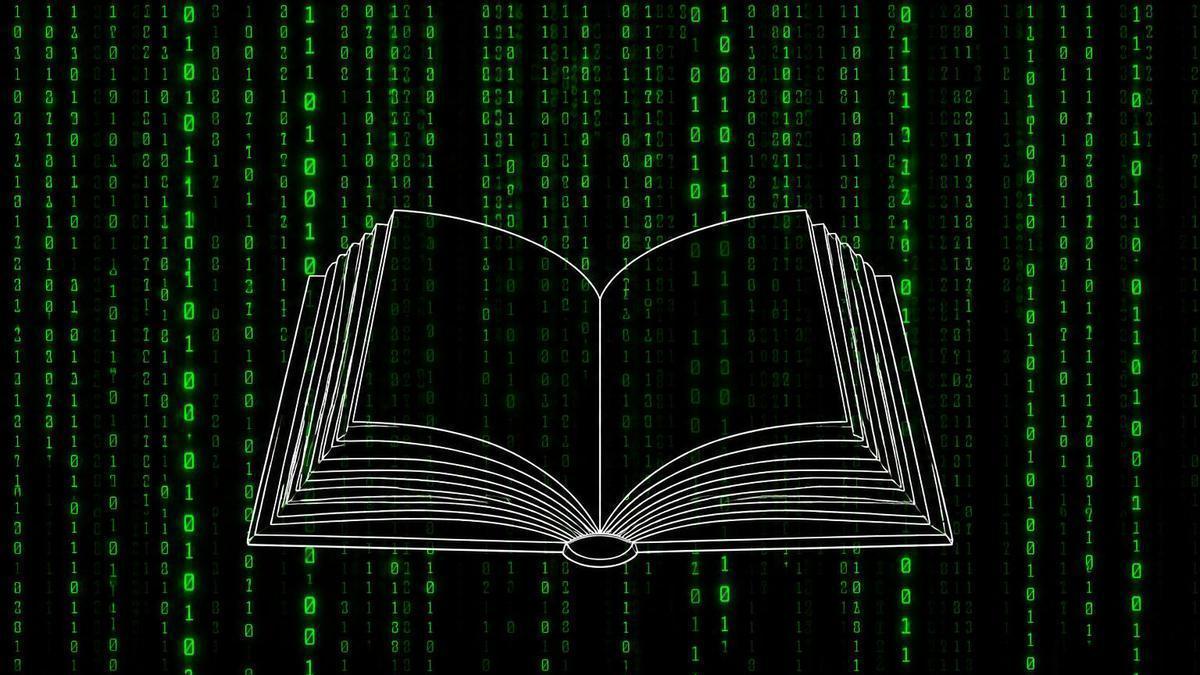 Os libros comezan a estar atravesados pola IA na súa documentación, corección ou msmo escrita. Simulación da pantalla con código binario.