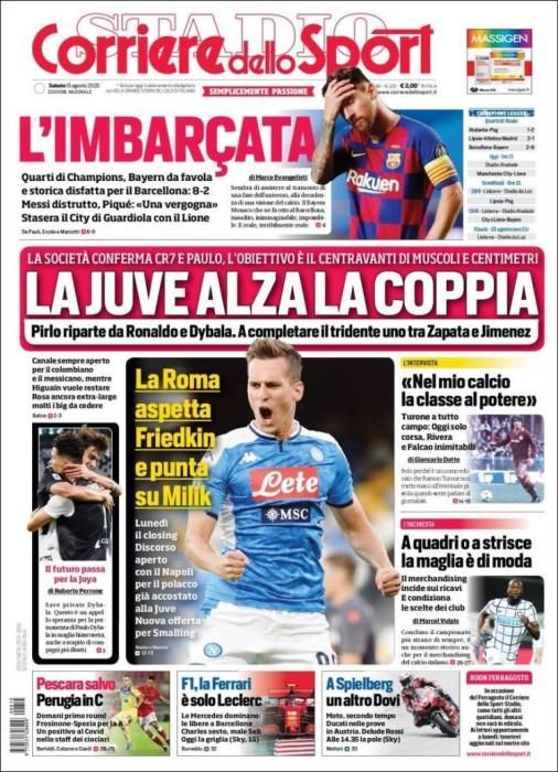 Portada CORRIERE DELLO SPORT sábado 15 agosto 2020