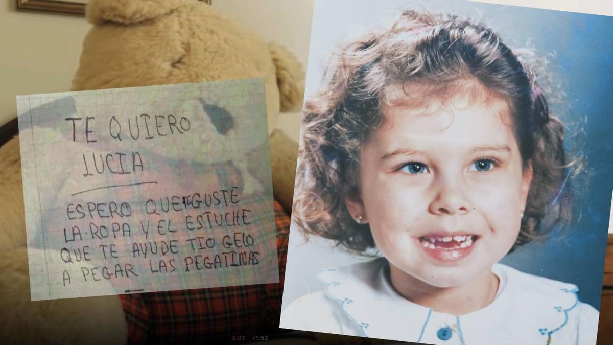 Una de las cartas que envió a su hija y un oso de peluche que le hizo llegar; (dcha) foto de Lucía cuando su madre se marchó.