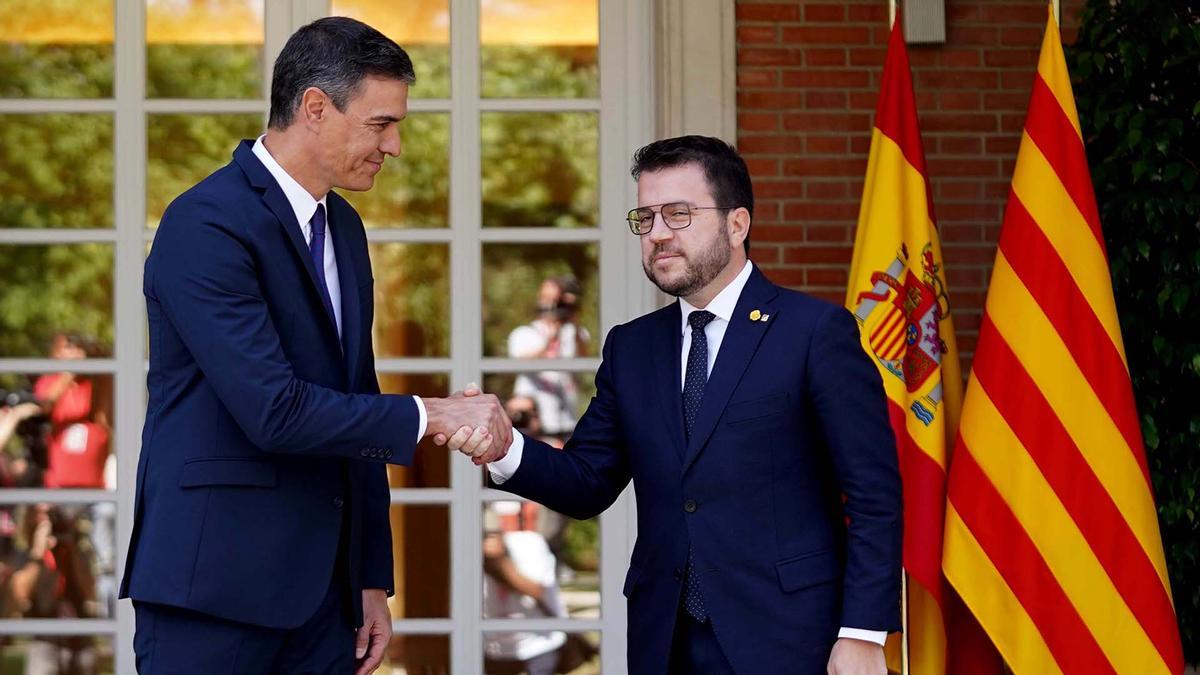 DAVID CASTRO MADRID 15-07-2022 Pedro Sánchez y Pere Aragonés durante la reunión que mantuvieron esta mañana en el Palacio de la Moncloa . Imagen DAVID CASTRO