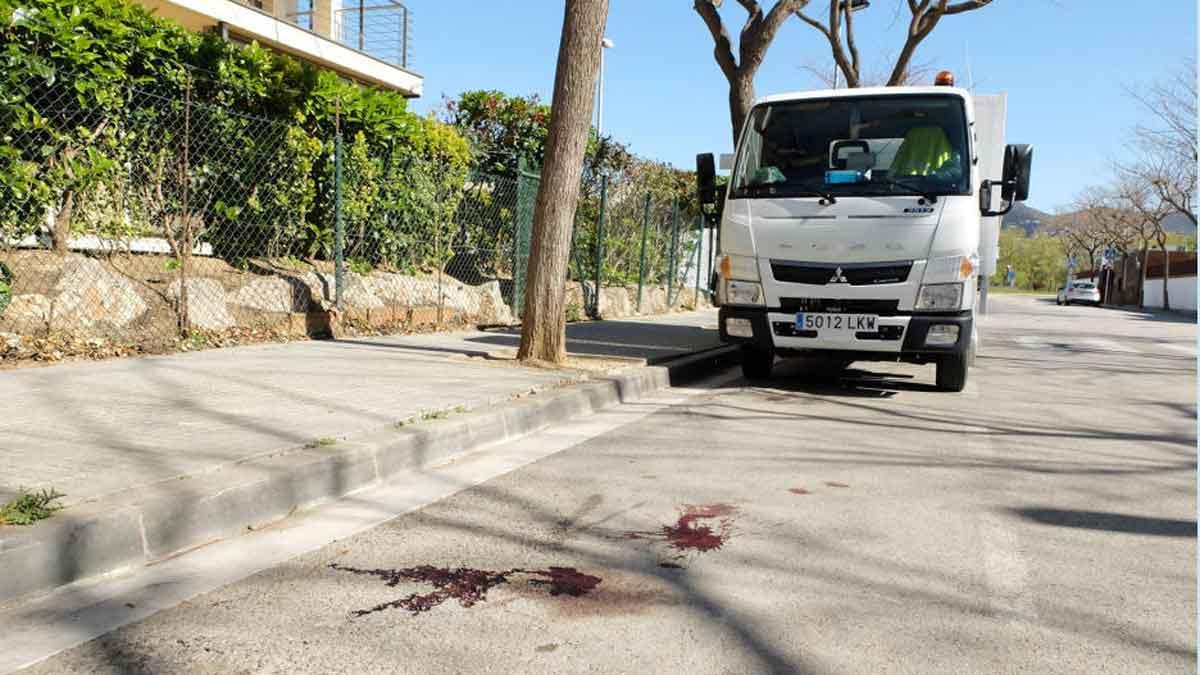 Restos de sangre en la calle de Roses donde estaba aparcado el vehículo con el cadáver