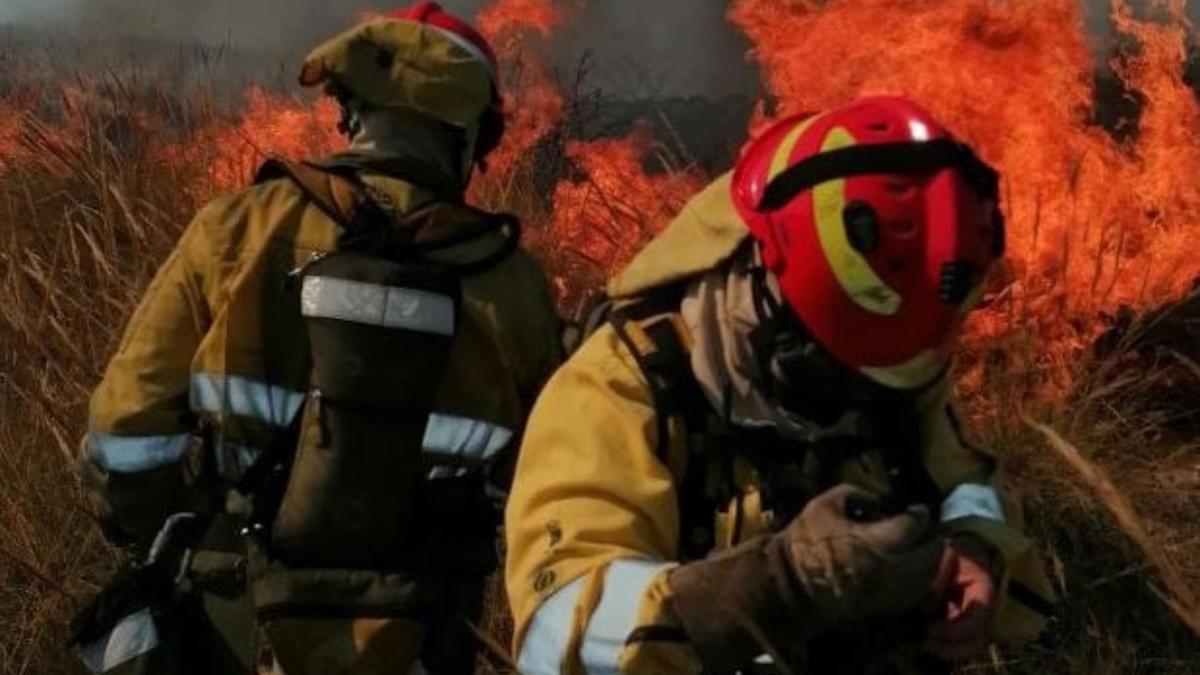 Dos bomberos intentan apagar las llamas de un incendio ubicado en Mazarrón.