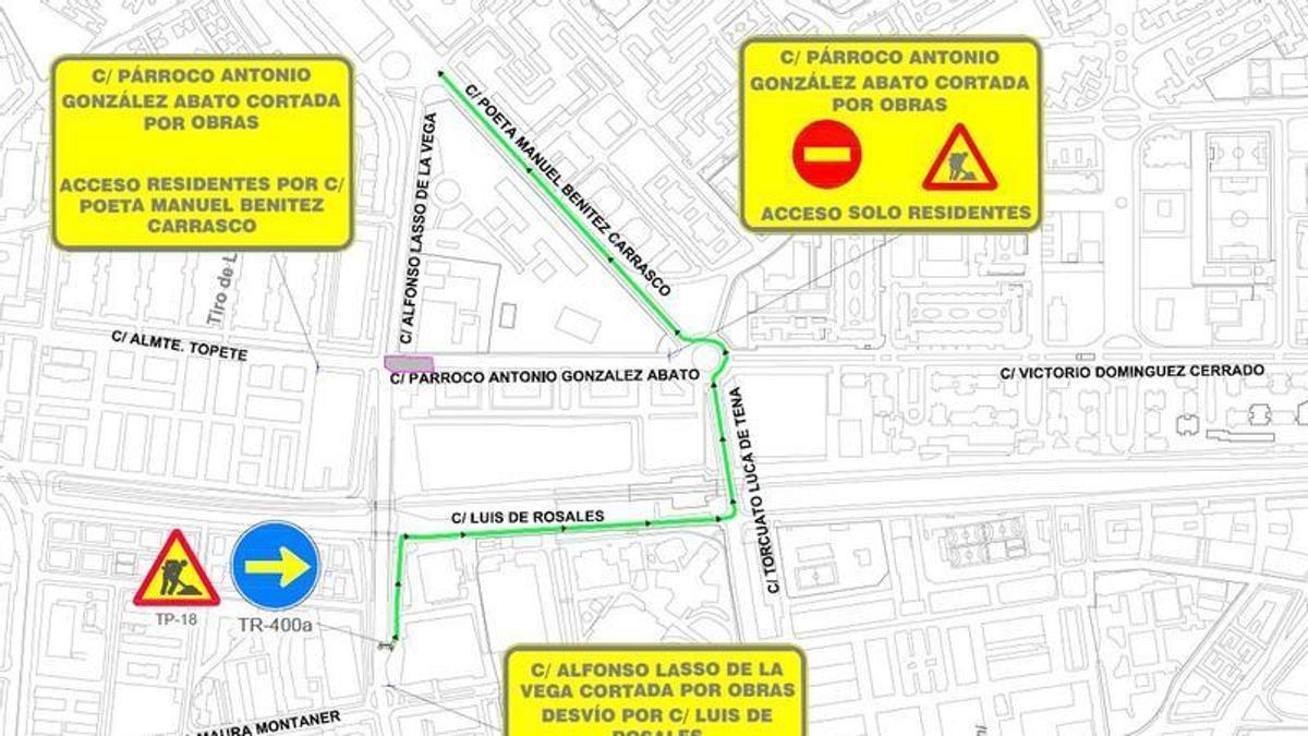 Mapa de los cortes de tráfico en el Distito Sur por las obras de Emasesa