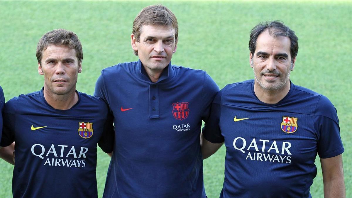 Rubi y Torras, flanqueando a Tito Vilanova en 2013, en su etapa en el Barça