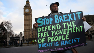 Un manifestante contrario al 'Brexit' muestra su pancarta.