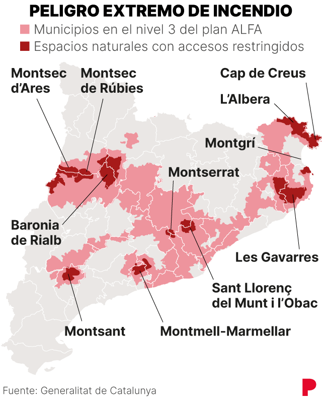 mapa de zonas de riesgo de incendio - nivel 3 del plan Alfa en Catalunya - 22 de julio